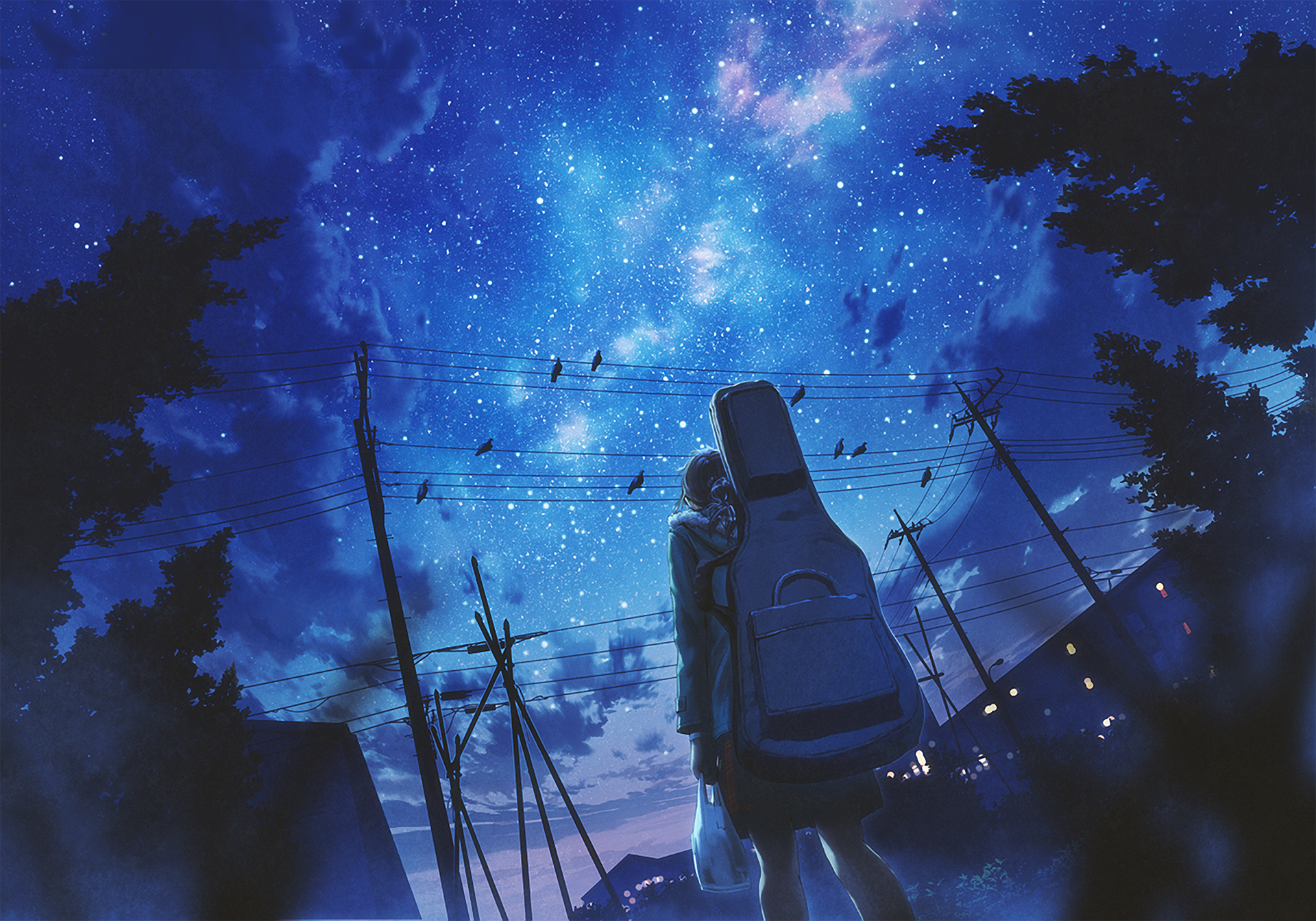 Download Starry Sky Street Anime Night HD Wallpaper by mocha