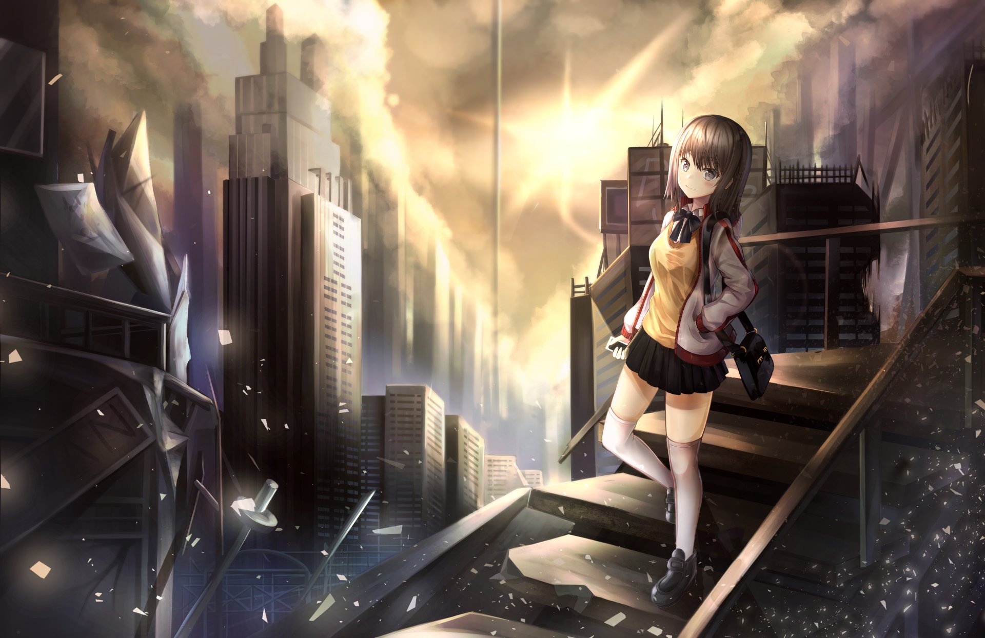 Anime-style original artwork depicting a girl standing on a broken rooftop in a post-apocalyptic cityscape, rendered in 4K Ultra HD for PC desktop wallpaper.