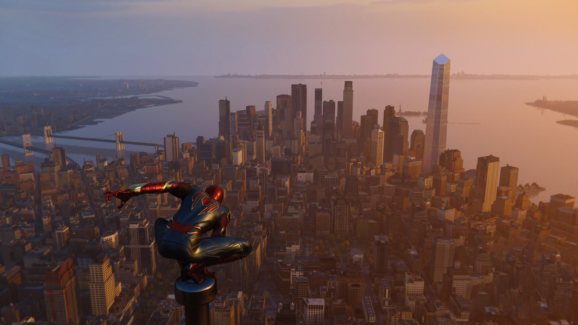 Iron-Spider from the Spider-Man (PS4) video game perched above Manhattan at sunset — 4K Ultra HD PC desktop wallpaper.