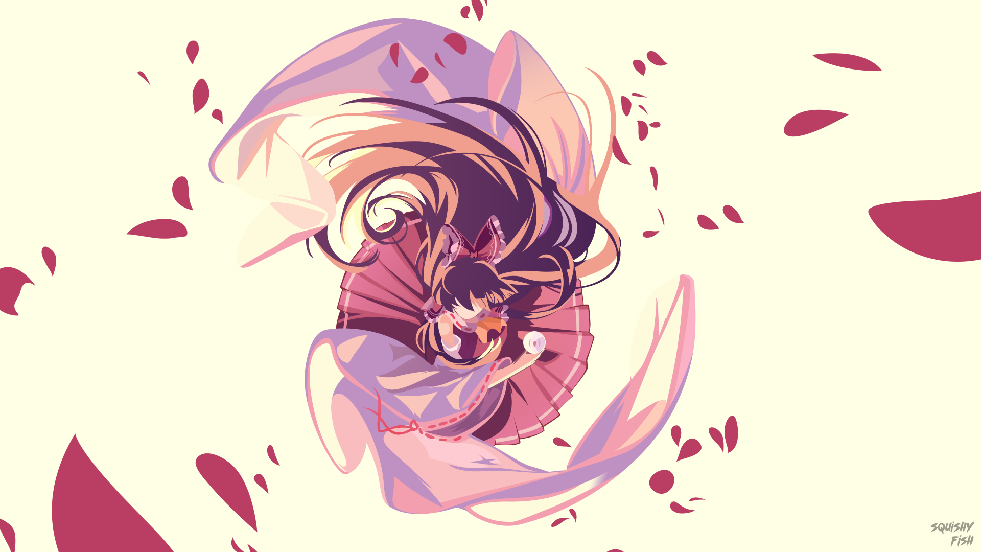 4K Ultra HD anime wallpaper featuring Reimu Hakurei from Touhou in a dynamic pose with flowing garments and scattered red petals on a light background.