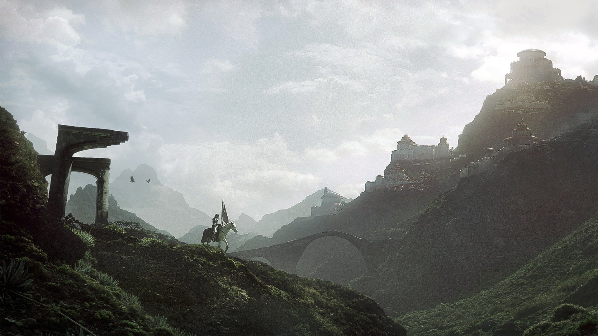 Download City Bridge Horse Landscape Fantasy Knight HD Wallpaper by