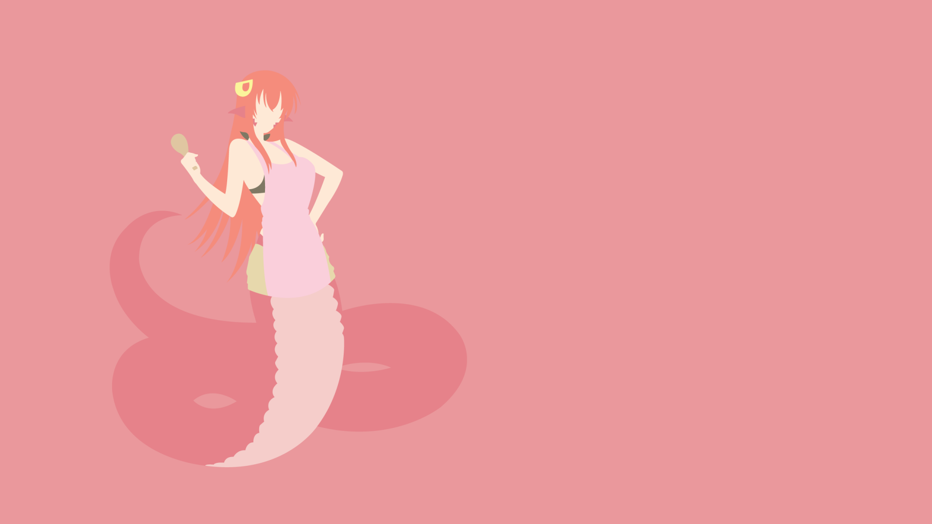 HD PC desktop wallpaper featuring Miia from the anime Monster Musume, showcasing her distinctive serpentine lower body and vibrant hair against a pink background.