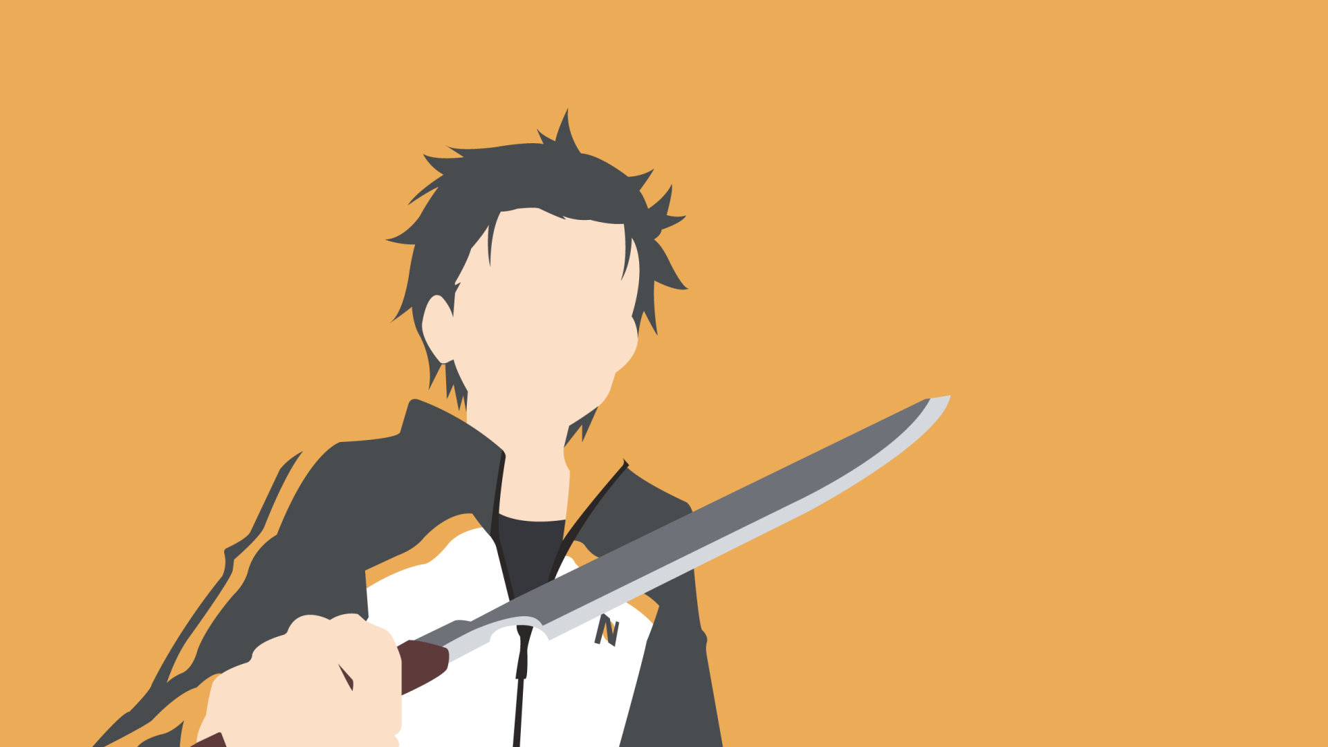 Minimalist HD desktop wallpaper of Subaru Natsuki from the anime Re:Zero - Starting Life in Another World, holding a sword against an orange background.