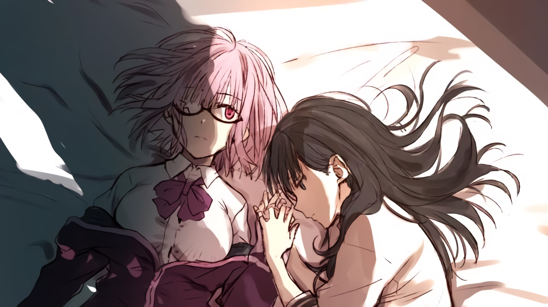 HD PC desktop wallpaper featuring Rikka Takarada and Akane Shinjou from the anime SSSS.Gridman, depicted lying closely with soft, detailed shading and lighting.