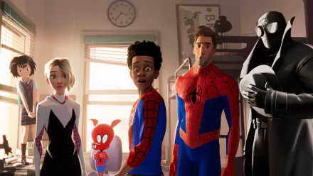 HD wallpaper featuring characters from Spider-Man: Into the Spider-Verse including Miles Morales, Gwen Stacy, Peter Parker, Peni Parker, Spider-Ham, and Spider-Man Noir in a sunlit room.