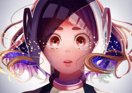 HD PC desktop wallpaper of Ochaco Uraraka from the anime My Hero Academia, featuring her with glowing eyes and cosmic-themed hair elements.