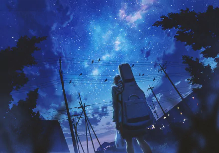 Anime-style artwork depicting a person on a street at night, with a starry sky overhead. The HD desktop wallpaper is illuminated by vibrant colors, power lines, and silhouettes of trees.