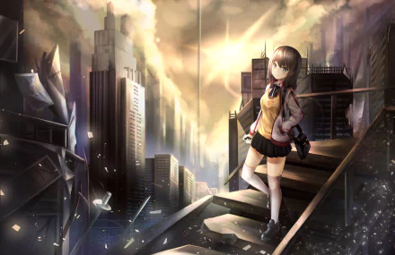Anime-style original artwork depicting a girl standing on a broken rooftop in a post-apocalyptic cityscape, rendered in 4K Ultra HD for PC desktop wallpaper.