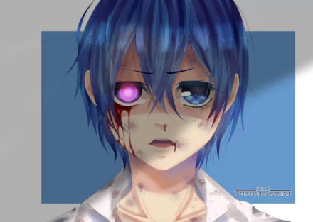HD anime desktop wallpaper featuring Ciel Phantomhive from Black Butler with a mysterious expression, one glowing eye, and blood details on his face.