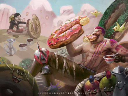 HD One Piece anime wallpaper featuring Monkey D. Luffy and Charlotte Katakuri enjoying a whimsical feast with oversized sweets in a vibrant fantasy setting.