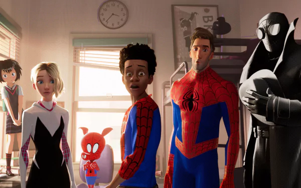 HD wallpaper featuring characters from Spider-Man: Into the Spider-Verse including Miles Morales, Gwen Stacy, Peter Parker, Peni Parker, Spider-Ham, and Spider-Man Noir in a sunlit room.