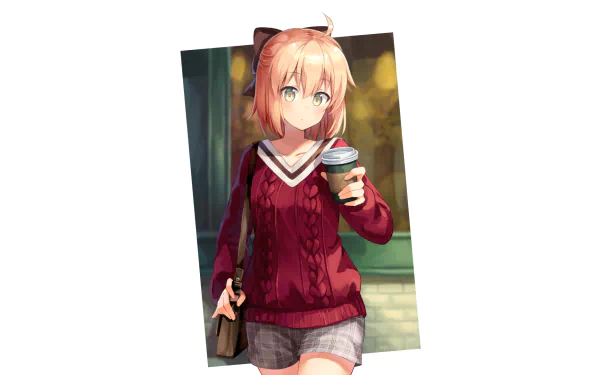 HD PC desktop wallpaper featuring Souji Okita from the anime Fate/Grand Order, depicted holding a coffee cup with a casual autumn outfit.