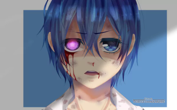HD anime desktop wallpaper featuring Ciel Phantomhive from Black Butler with a mysterious expression, one glowing eye, and blood details on his face.