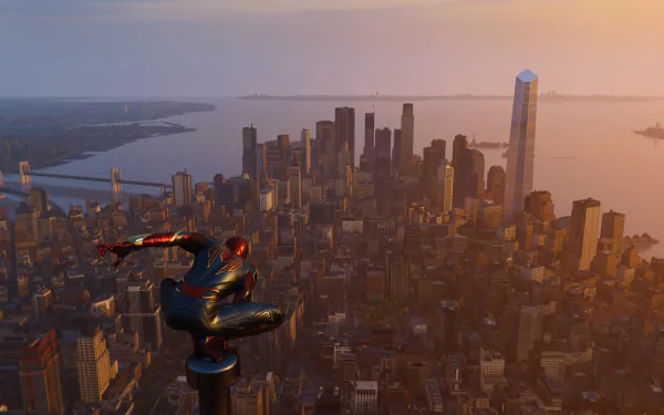 Iron-Spider from the Spider-Man (PS4) video game perched above Manhattan at sunset — 4K Ultra HD PC desktop wallpaper.