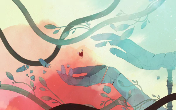 HD wallpaper featuring an artistic depiction from the game Gris with pastel hues and a silhouette of a character in a fantasy setting.