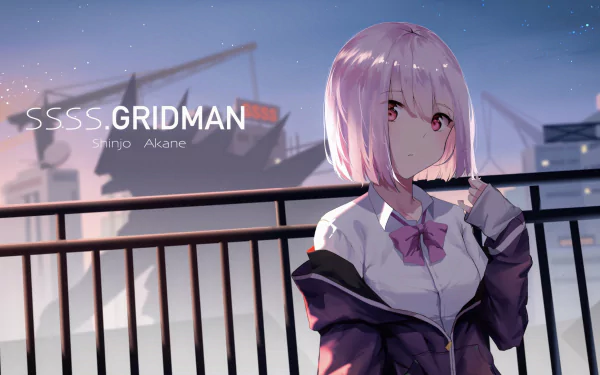 HD desktop wallpaper featuring Akane Shinjou from the anime SSSS.Gridman. She has short pink hair and pink eyes, set against a cityscape with evening sky and a large shadowy figure in the background.