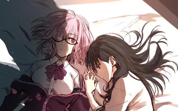 HD PC desktop wallpaper featuring Rikka Takarada and Akane Shinjou from the anime SSSS.Gridman, depicted lying closely with soft, detailed shading and lighting.