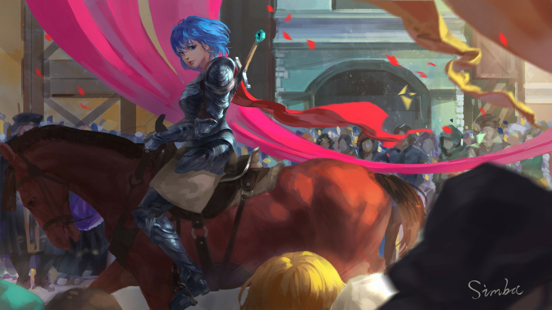 A fantasy warrior knight with blue hair rides a horse through a crowd, framed by vibrant banners in this detailed HD PC desktop wallpaper.