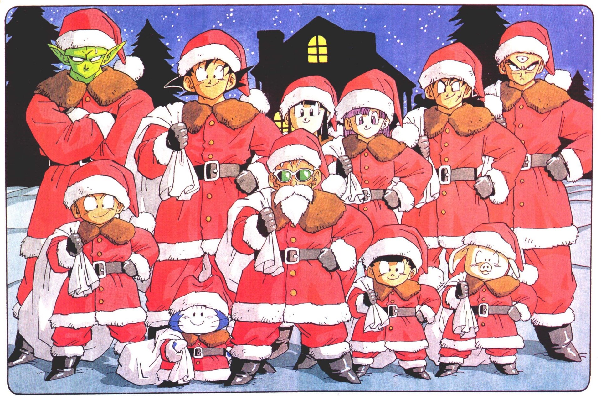 HD PC desktop wallpaper featuring Dragon Ball Z anime characters dressed in Santa Claus outfits, set against a snowy night background with a cozy house and pine trees.