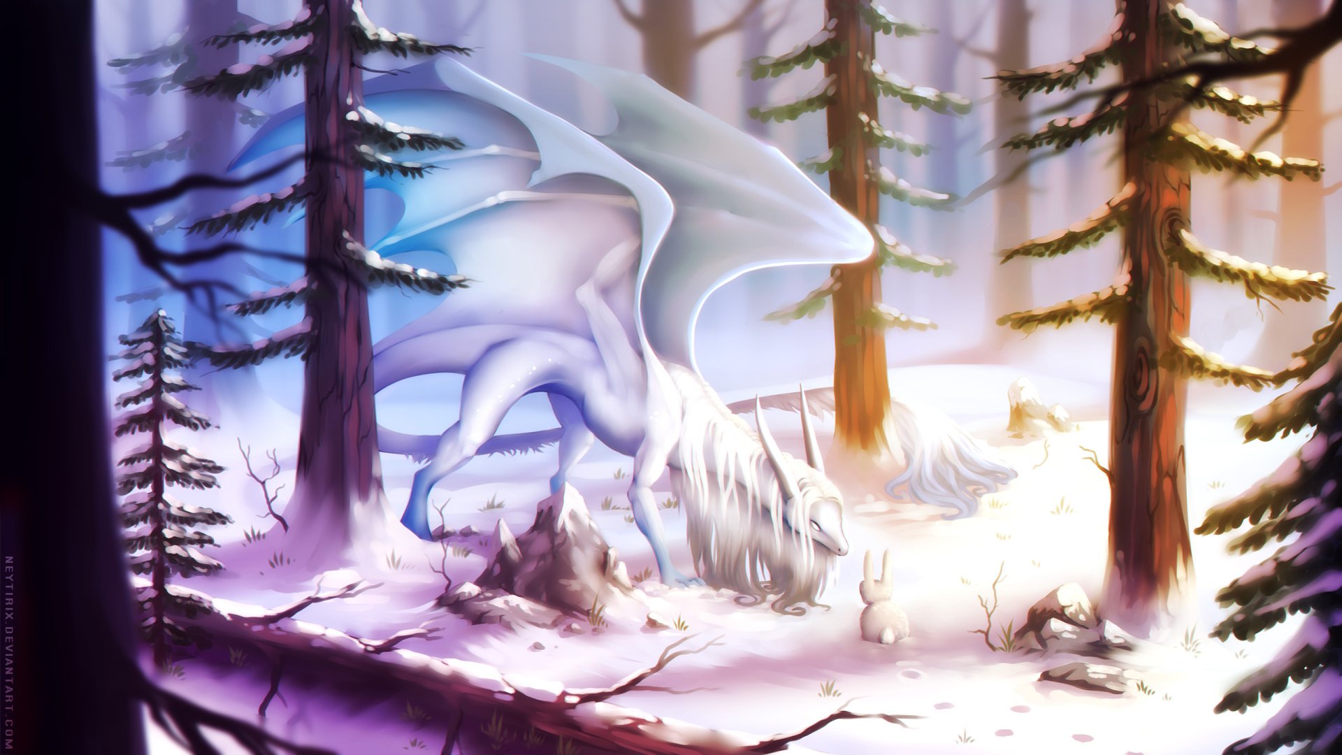 HD PC desktop wallpaper featuring a fantasy scene with a white dragon and a rabbit in a snowy forest illuminated by soft, ethereal light.