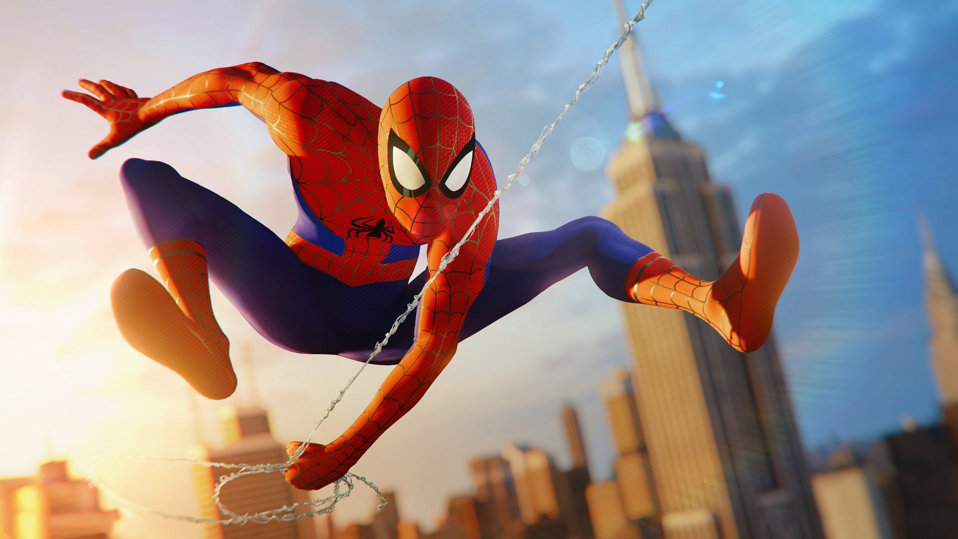 Spider-Man (PS4) in action, vibrant and dynamic desktop wallpaper featuring the video game character swinging through the cityscape.