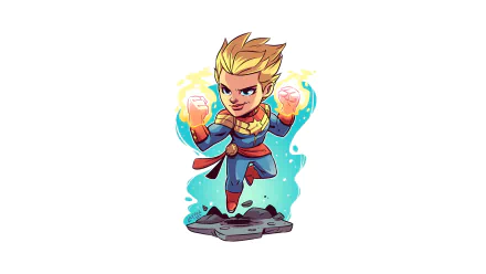 Chibi comic Captain Marvel hovering with glowing fists and turquoise cosmic aura above a rocky platform — HD PC desktop wallpaper and background