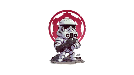 HD PC desktop wallpaper featuring a chibi stormtrooper from Star Wars in a sci-fi style with a red circular emblem in the background.