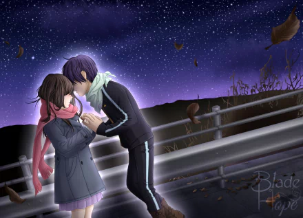 Yato and Hiyori Iki from Noragami share a tender moment under a starry night sky in this HD anime desktop wallpaper.