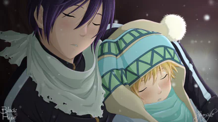 HD PC desktop wallpaper featuring anime characters Yukine and Yato from Noragami, depicted peacefully resting in winter attire.