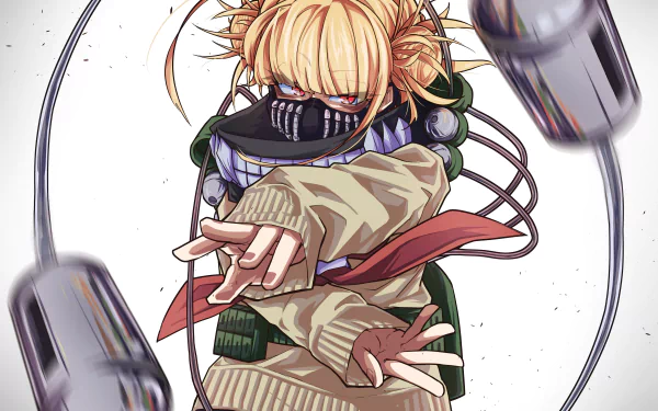 HD wallpaper of Himiko Toga from My Hero Academia in an intense action pose, with her signature blonde hair and school uniform, set against a white background.