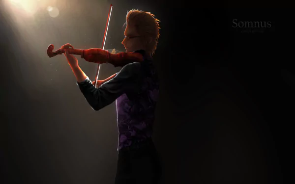 Ignis Scientia from Final Fantasy XV plays a violin under a single spotlight on a dark stage — 5K Ultra HD PC desktop wallpaper/background, video game artwork.