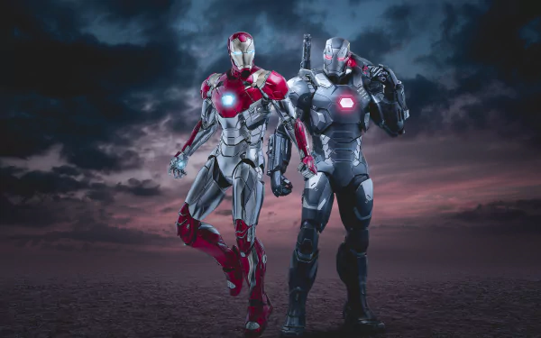 War Machine and Iron Man from Avengers: Age of Ultron pose side-by-side against a stormy sky — 4K Ultra HD PC desktop wallpaper and background.