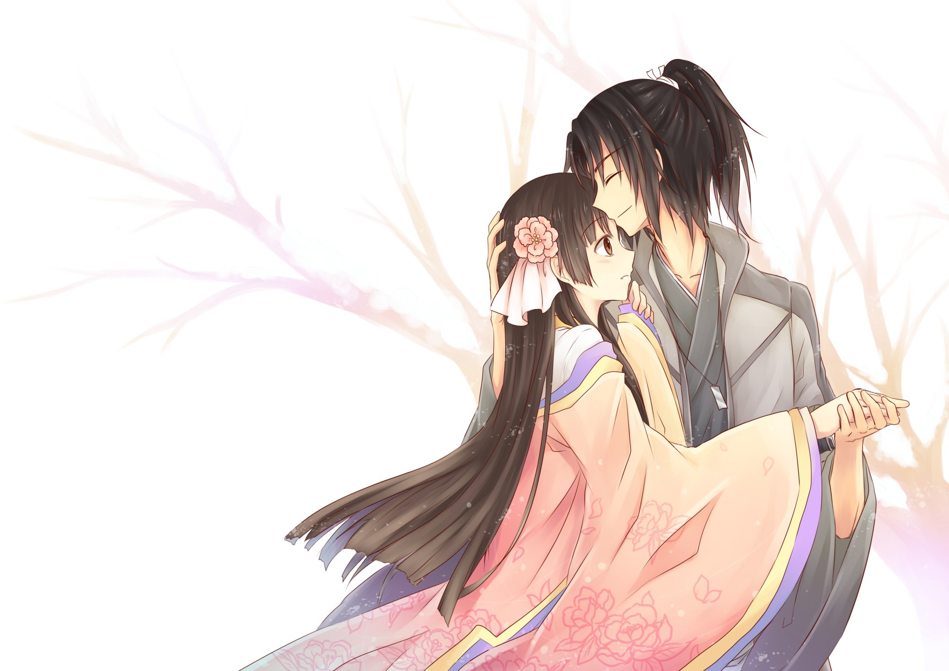 Anime couple tenderly embracing, detailed in soft pastel colors, designed as a HD PC desktop wallpaper and background.