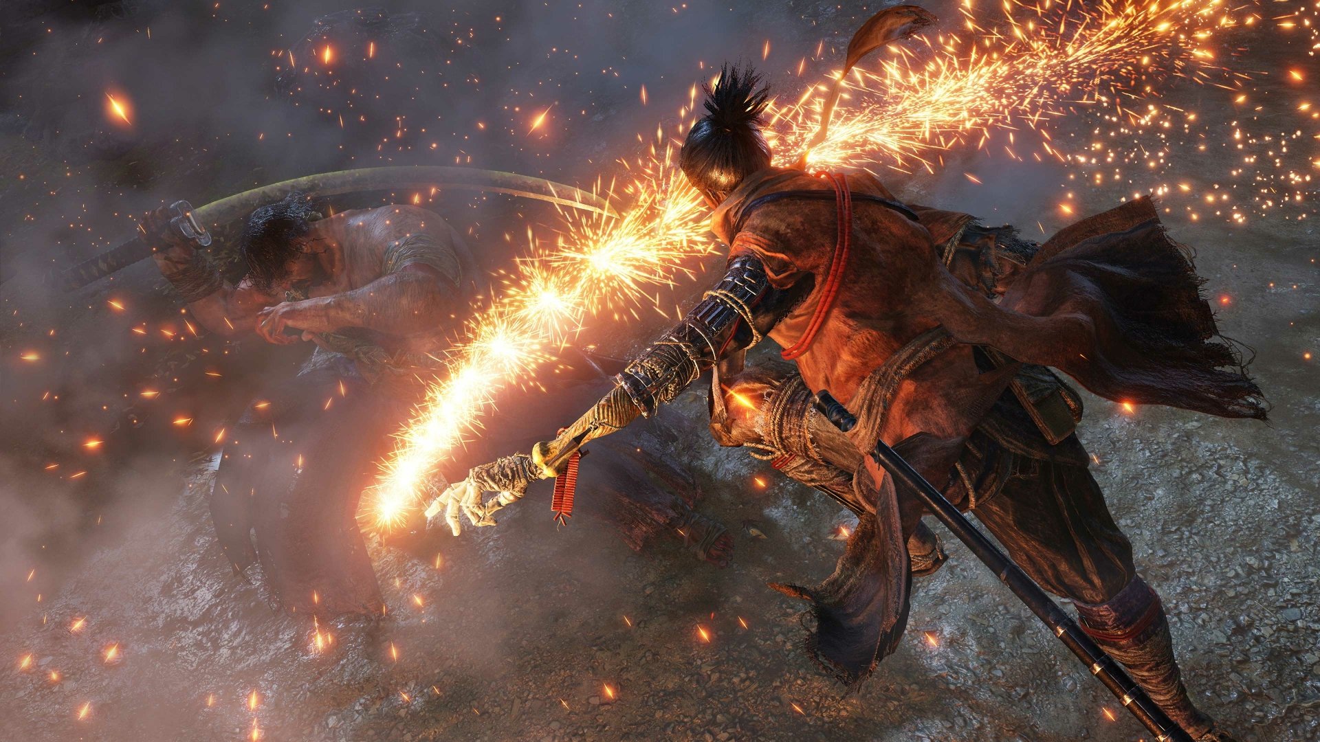 HD desktop wallpaper of Sekiro: Shadows Die Twice featuring a dramatic sword fight with sparks flying, capturing intense action and detailed visuals.