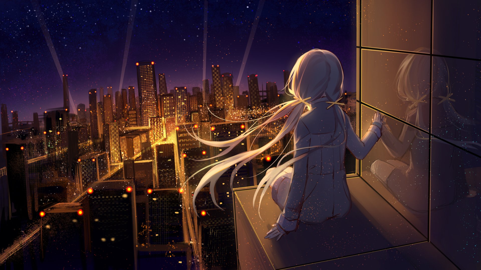 HD anime desktop wallpaper featuring Stardust from Vocaloid gazing over a glowing cityscape at night, with her long hair flowing in the breeze.