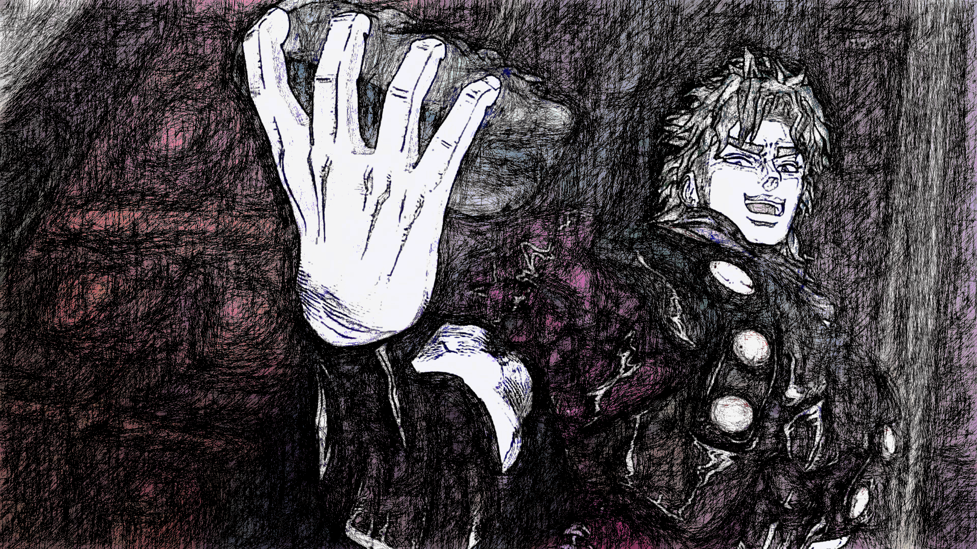 HD PC desktop wallpaper of Dio Brando from JoJo's Bizarre Adventure — sketch-style portrait with outstretched hand and sinister grin, dark textured background.