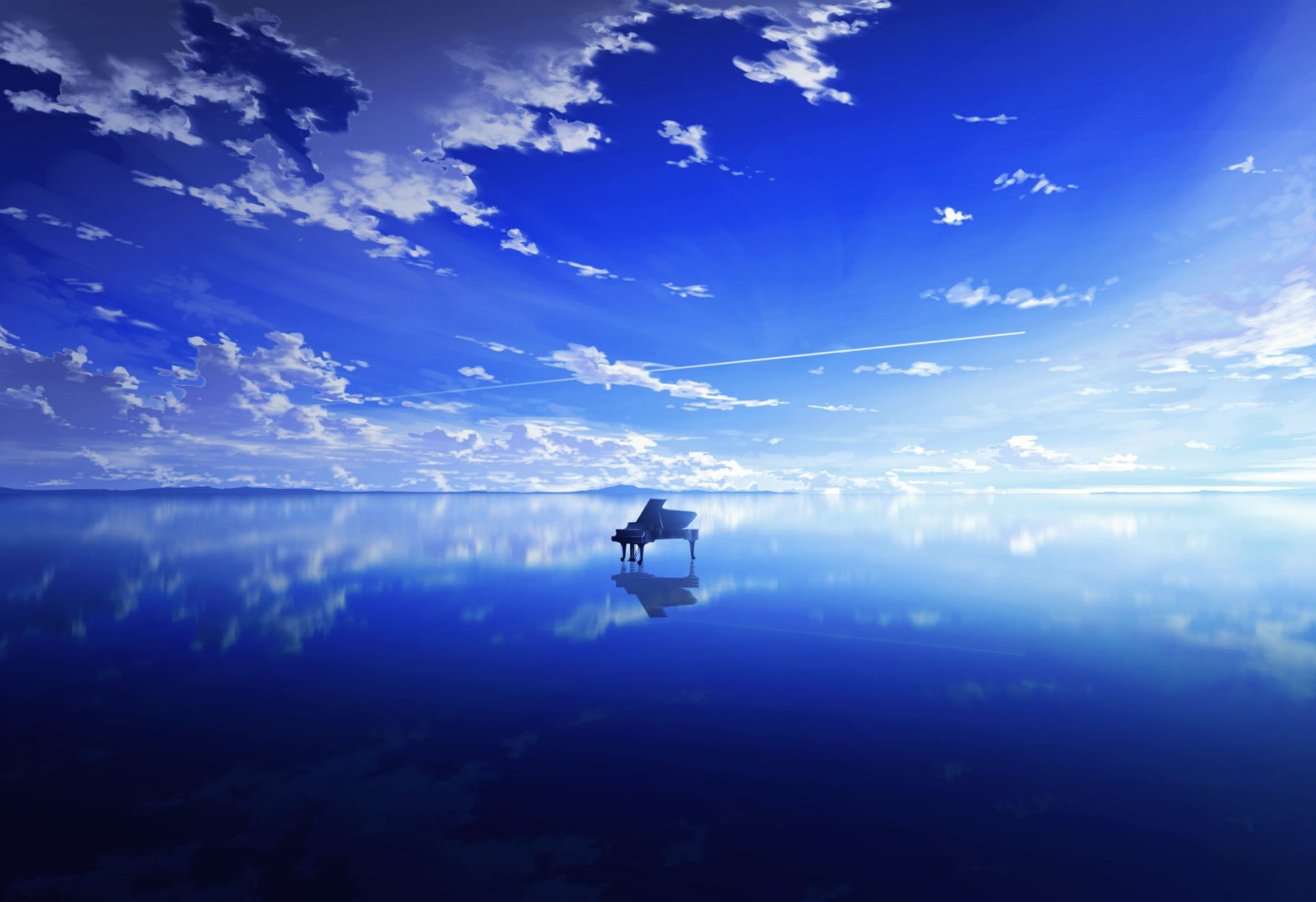 HD anime desktop wallpaper featuring a solitary piano floating on a reflective water surface under a vast, vibrant blue sky filled with clouds, evoking a serene musical atmosphere.