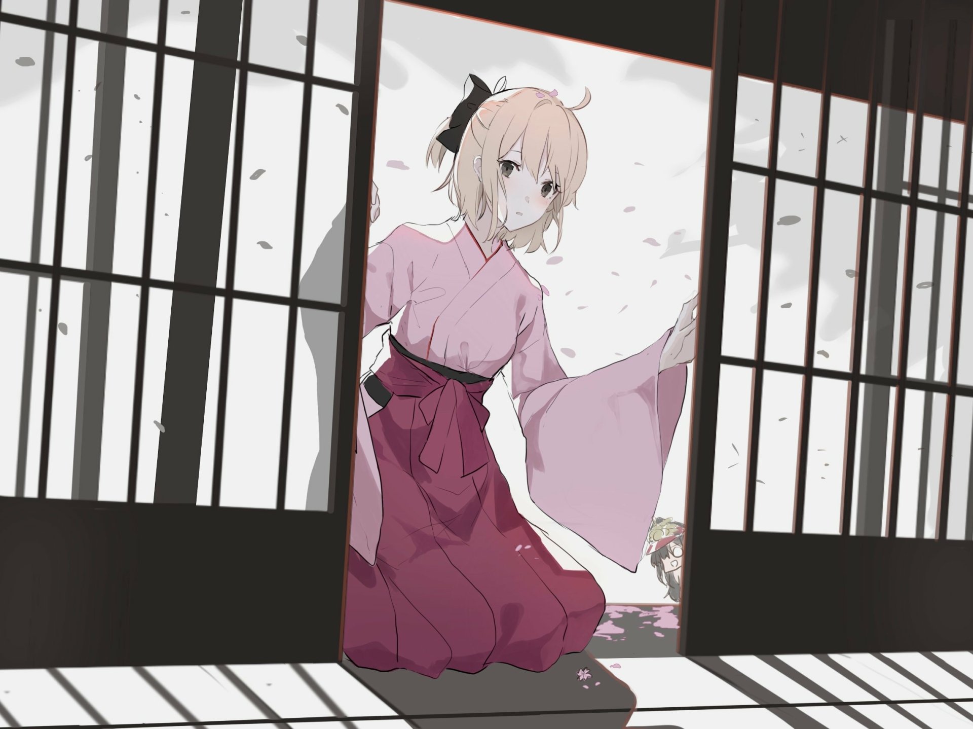 HD anime wallpaper featuring Sakura Saber from Fate/Grand Order, dressed in traditional attire, framed by sliding doors with falling cherry blossom petals.