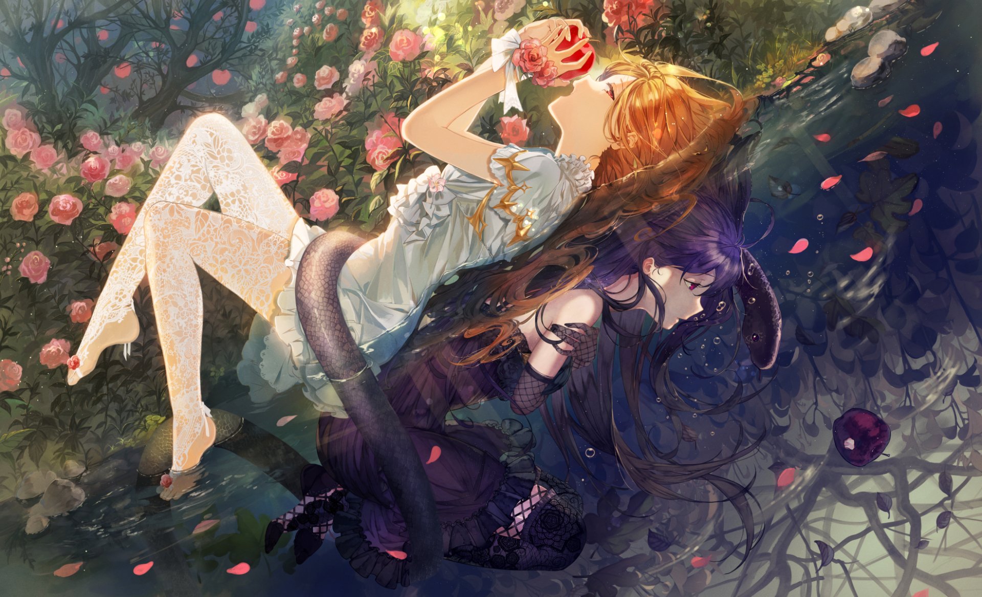 Anime HD wallpaper featuring two women intertwined, one holding an apple with a snake coiling around them. Surrounded by flowers and water, the scene includes vibrant colors and intricate details.