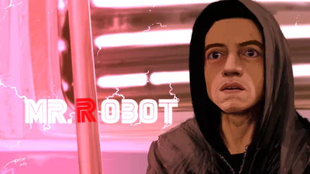 8K Ultra HD PC desktop wallpaper: hooded figure in pink neon light from the TV show Mr. Robot, intense stare and high-contrast portrait background.