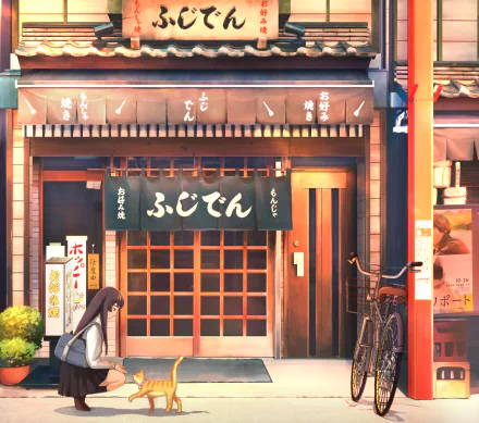 Anime-style HD desktop wallpaper of a cozy shop entrance with Japanese signage, a bicycle parked outside, and a cat nearby, blending traditional and modern elements.
