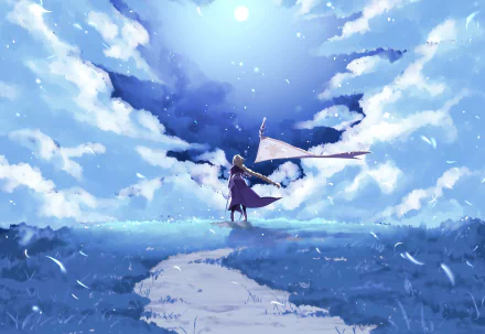 HD desktop wallpaper featuring Jeanne d'Arc from the Fate Series. Set in a serene, cloudy landscape with a mystical, bright sky, this Fate/Grand Order background captures a heroic and tranquil moment.