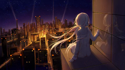 HD anime desktop wallpaper featuring Stardust from Vocaloid gazing over a glowing cityscape at night, with her long hair flowing in the breeze.
