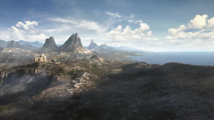 HD PC desktop wallpaper featuring a vast, detailed landscape from The Elder Scrolls VI video game, showcasing mountains, a coastline, and a distant settlement under a cloudy sky.