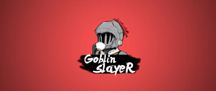 HD anime desktop wallpaper of Goblin Slayer featuring the titular character in a metal helmet with a red background. The show's title is prominently displayed in bold white text.