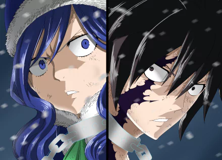 HD anime wallpaper featuring Fairy Tail characters Gray Fullbuster and Juvia Lockser with intense expressions and dynamic lighting.