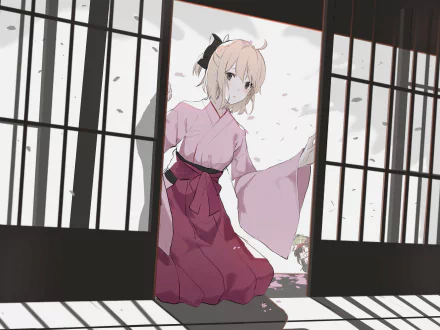 HD anime wallpaper featuring Sakura Saber from Fate/Grand Order, dressed in traditional attire, framed by sliding doors with falling cherry blossom petals.