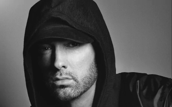 Black and white 4K Ultra HD portrait of American singer Eminem wearing a hood, highlighting his intense expression and iconic style.