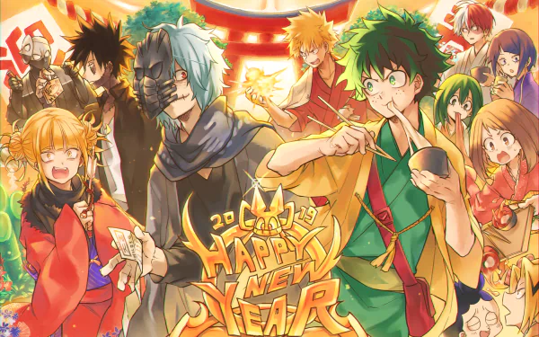 HD desktop wallpaper of characters from the anime My Hero Academia celebrating New Year's, featuring vibrant colors and playful holiday costumes.