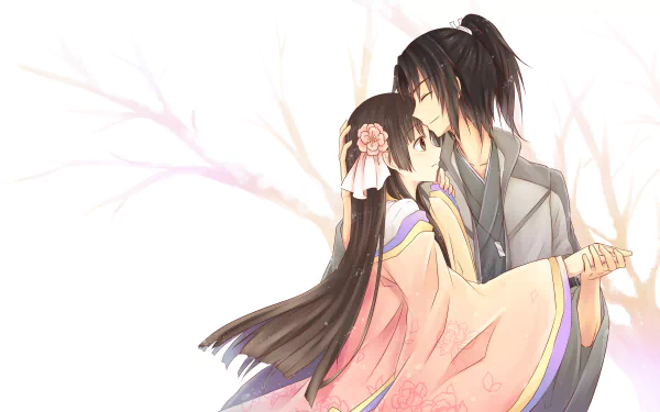 Anime couple tenderly embracing, detailed in soft pastel colors, designed as a HD PC desktop wallpaper and background.